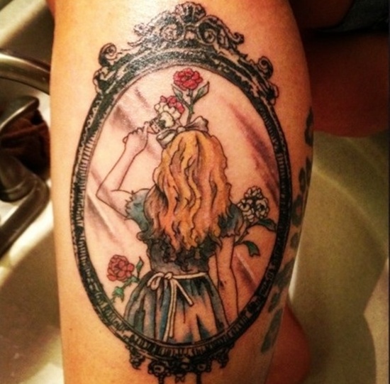 Girl In Mirror Frame Alice in Wonderland Tattoo