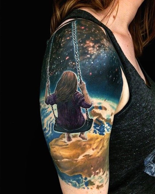 Girl Swinging In Universe Tattoo On Right Half Sleeve