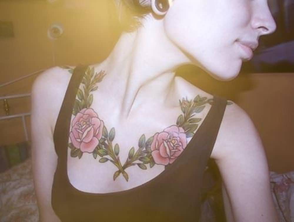 Girl With Pink Rose Flowers Clavicle Tattoo
