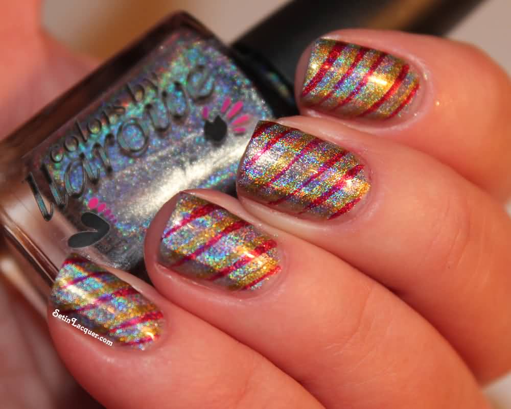 Glitter Nails With Red Stripes Nail Art