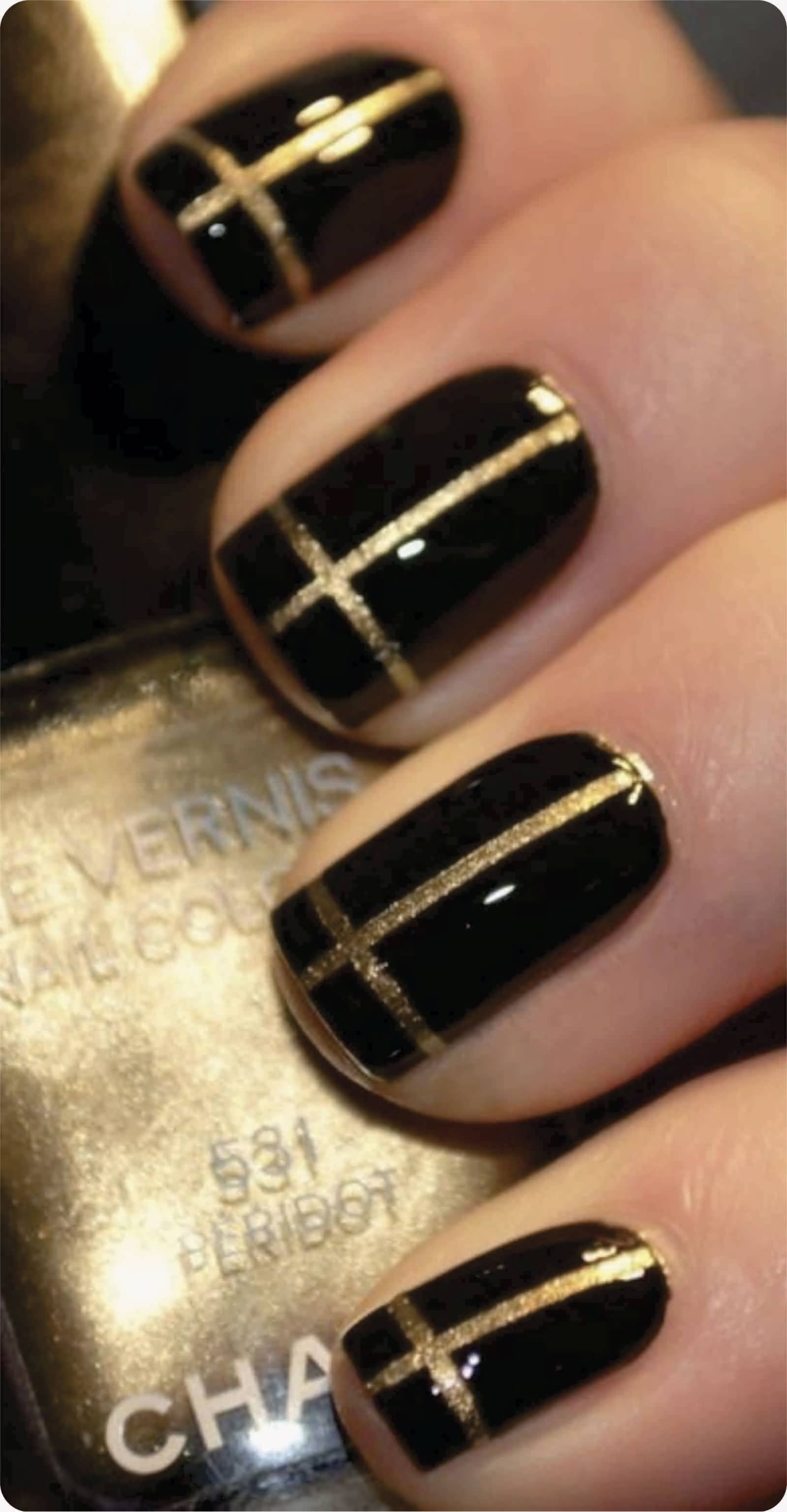 Glossy Black Nails With Gold Stripes Design Nail Art