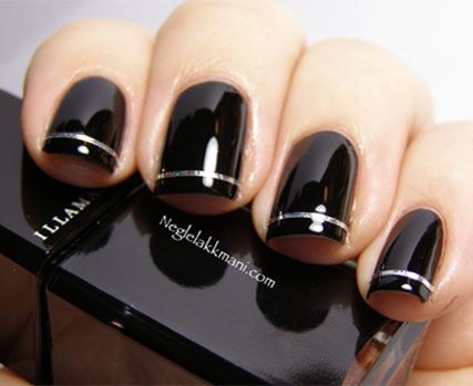 Glossy Black Nails With Silver Stripes Nail Art
