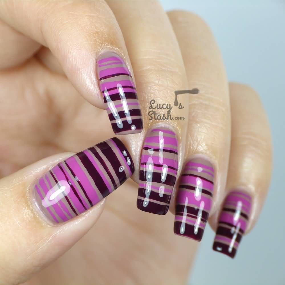 Glossy Pink And Brown Stripes Nail Art Design Idea