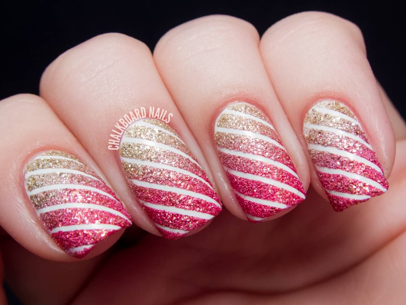 Gold And Pink Glitter Nails With White Stripes Design Nail Art