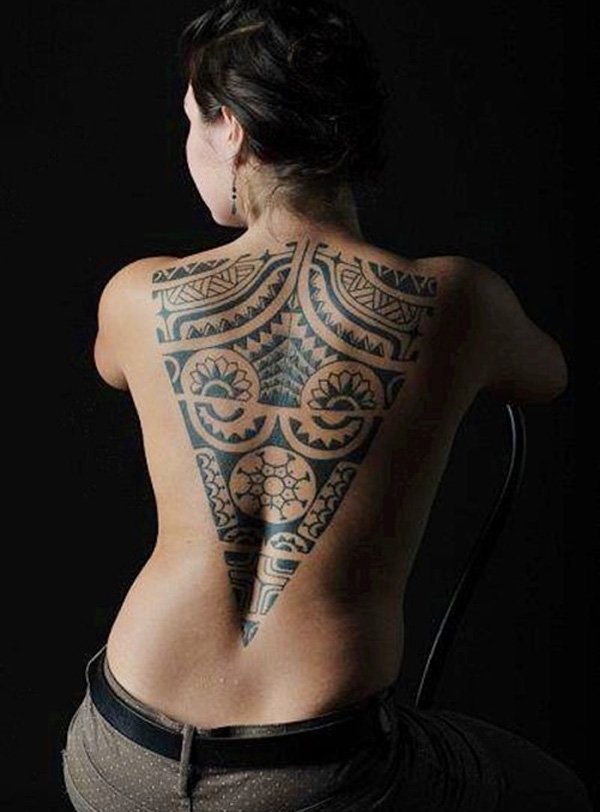 Gorgeous Polynesian Tribal Tattoo On Full Back For Women