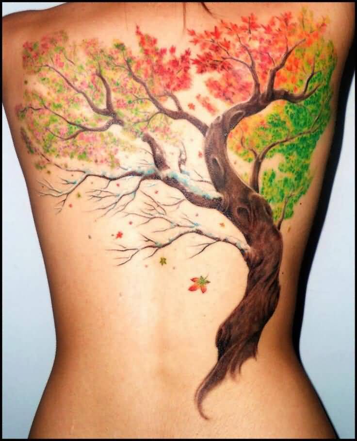 Gorgeous Tree Fall Tattoo On Full Back