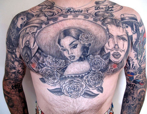 Grey And Black Chicano Tattoo On Chest
