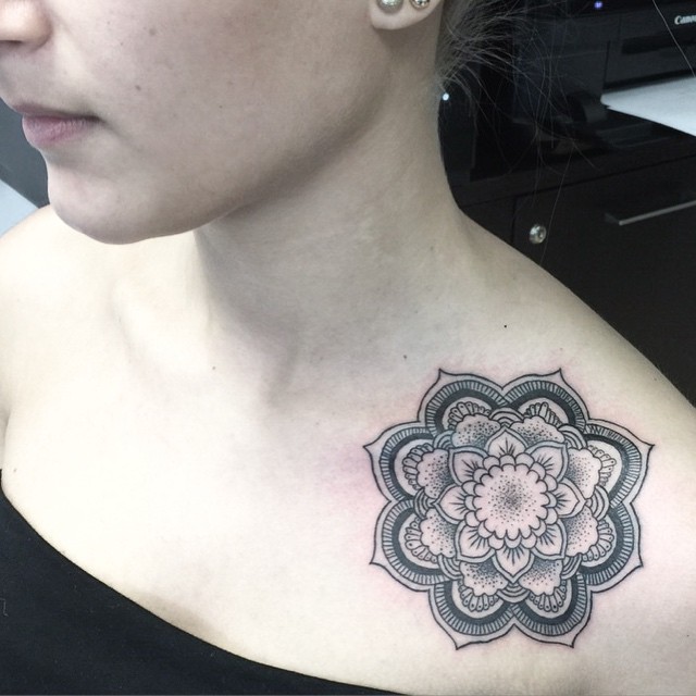 Grey And Black Mandala Flower Clavicle Tattoo