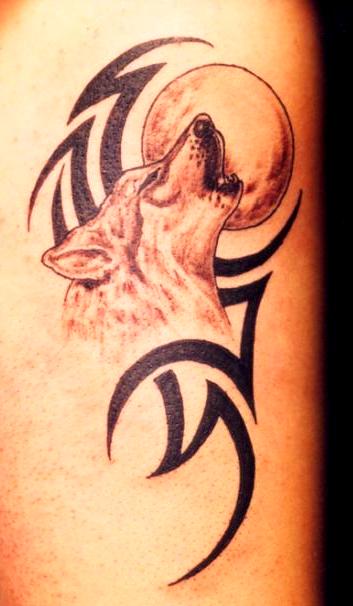 Grey And Black Wolf And Tribal Design With Moon Tattoo