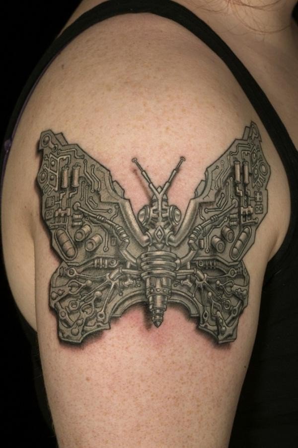 Grey Butterfly Steampunk Tattoo On Right Shoulder