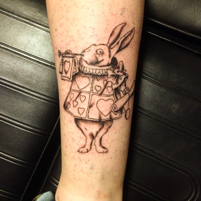 Grey Ink Alice in Wonderland Tattoo On Leg