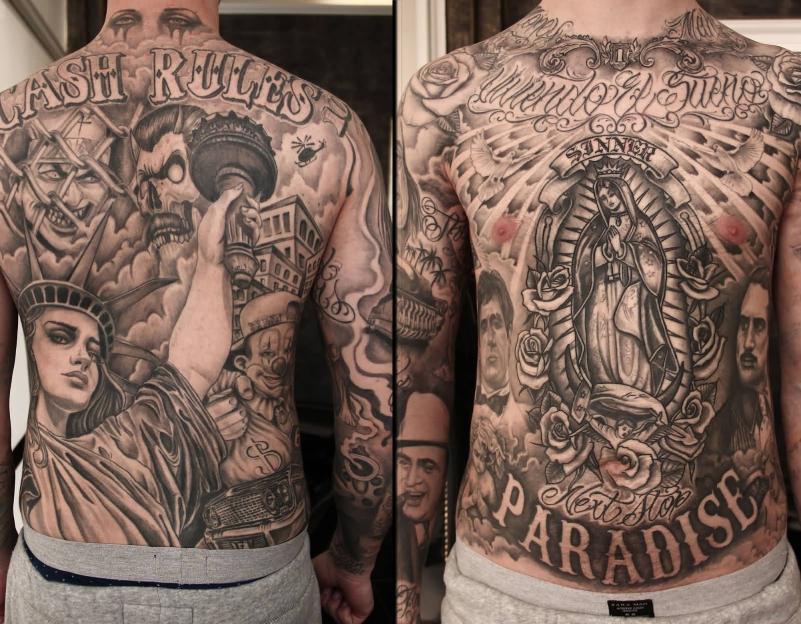 Grey Ink Cash Rules And Paradise Chicano Tattoos on Full Body