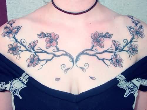 Grey Ink Cherry Blossom Flowers Clavicle Tattoo