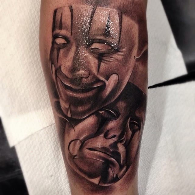 Grey Ink Chicano Mask Tattoos On Leg