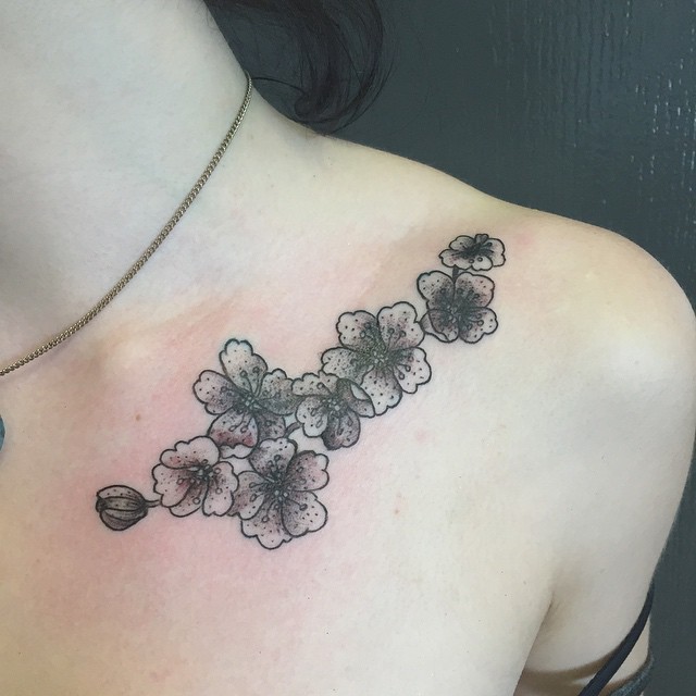 Grey Ink Flowers Clavicle Tattoo