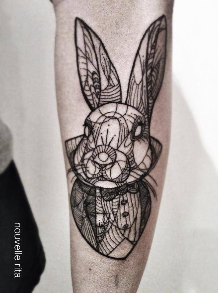 Grey Ink Geometric Alice in Wonderland Tattoo On Sleeve