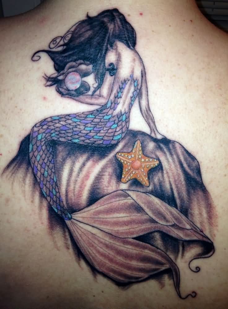 Grey Ink Mermaid With Starfish Tattoo On Upper Back