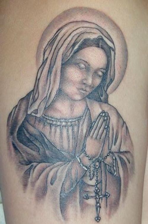 Grey Ink Praying Virgin Mary Catholic Tattoo