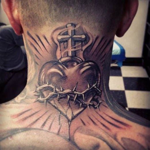 Grey Ink Sacred Heart Catholic Tattoo On Nape