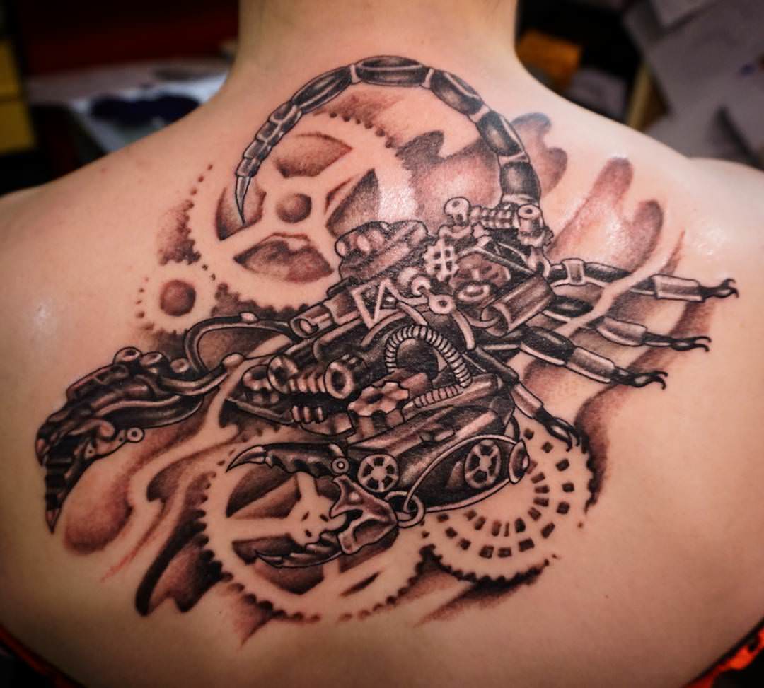 Grey Ink Steampunk Tattoo On Upper Back