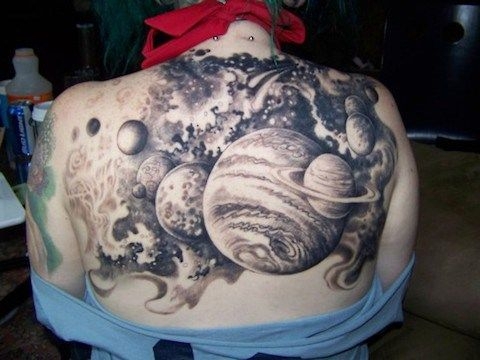 Grey Ink Universe Tattoo On Upper Back