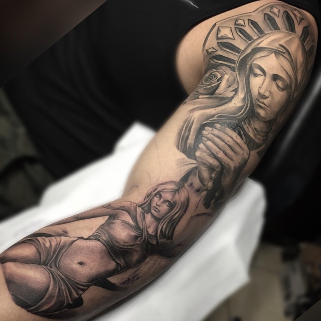 Grey Ink Virgin Mary Catholic Tattoo On Left Sleeve For Men