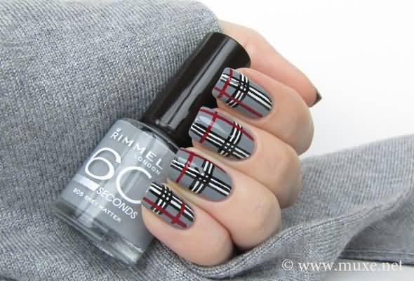 Grey Nails With Black And Red Stripes Design Nail Art