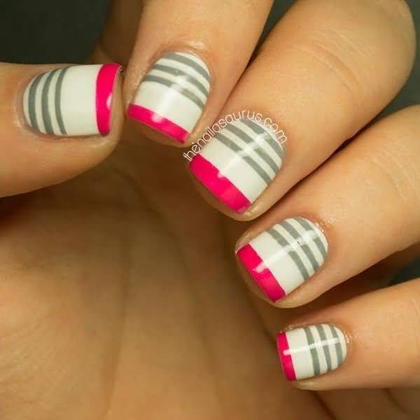 Grey Stripes Nail Art With Pink Tip Nail Design