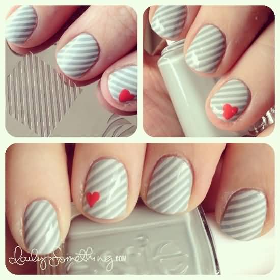 Grey Stripes With Red Heart Design Nail Art