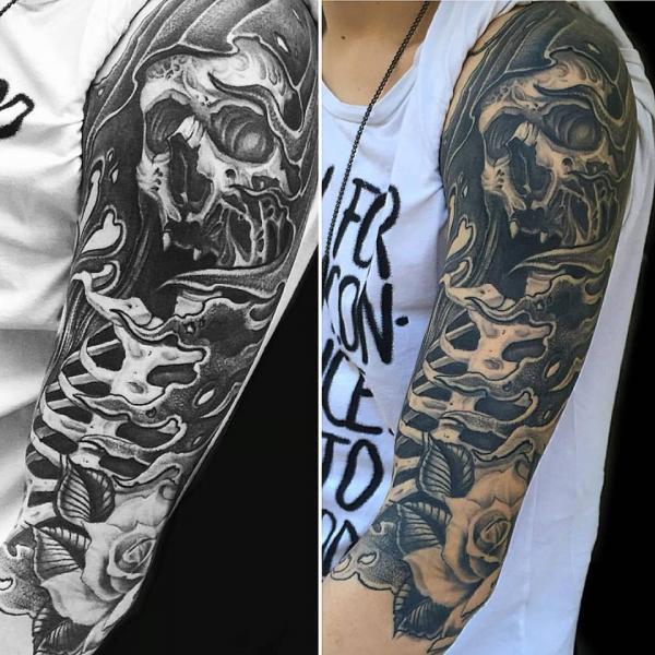 Grey ink Skeleton And Rose Chicano Tattoo On Left Half Sleeve