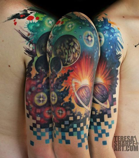 Half Sleeve Color Ink Space Tattoo