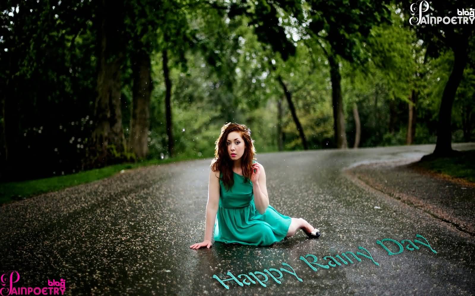 Happy Rainy Day Girl Sitting On Wet Road Picture