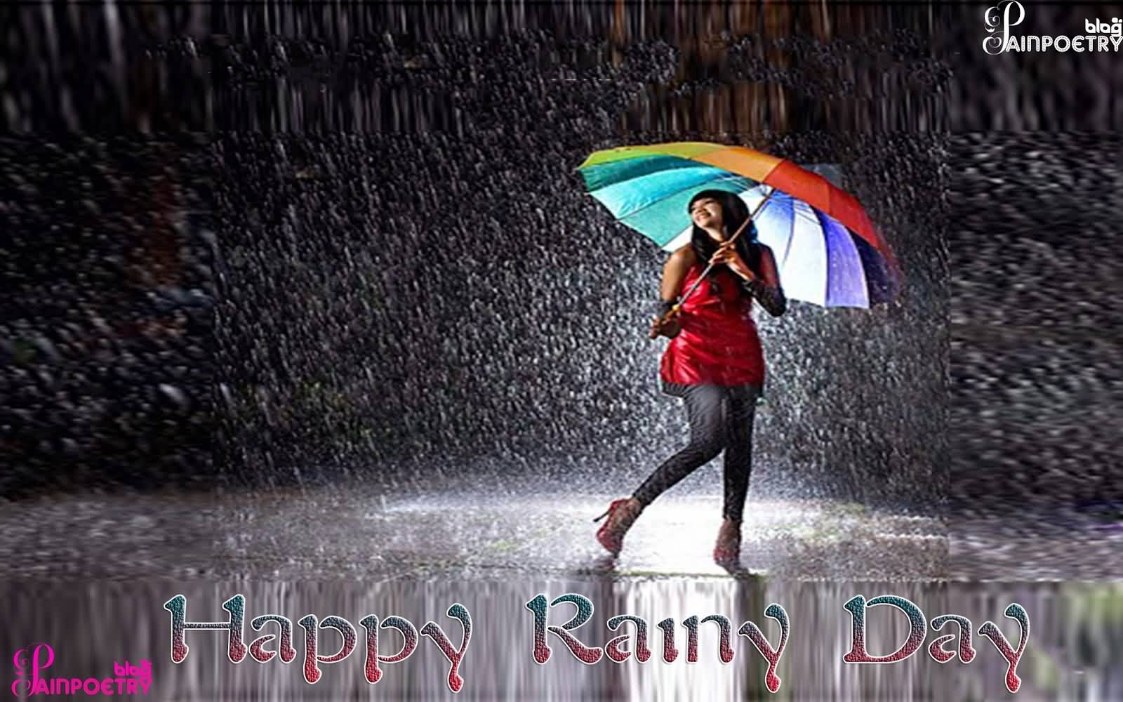 Happy Rainy Day Girl With Rainbow Color Umbrella Enjoying Raining
