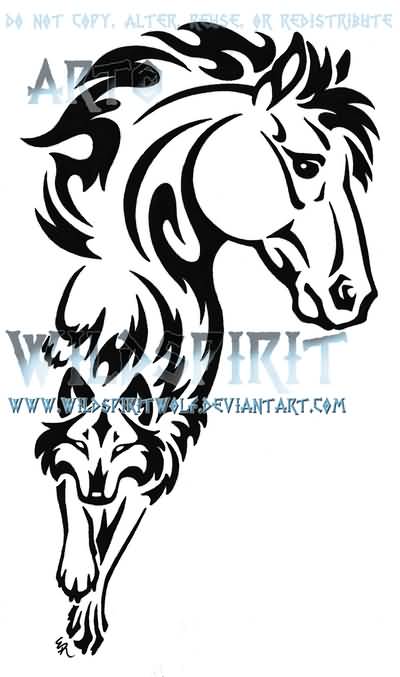 Horse And Wolf Tribal Tattoo Design By WildSpiritWolf