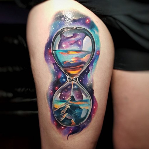 Hourglass Colored Universe Tattoo on Thigh by Tyler Malek