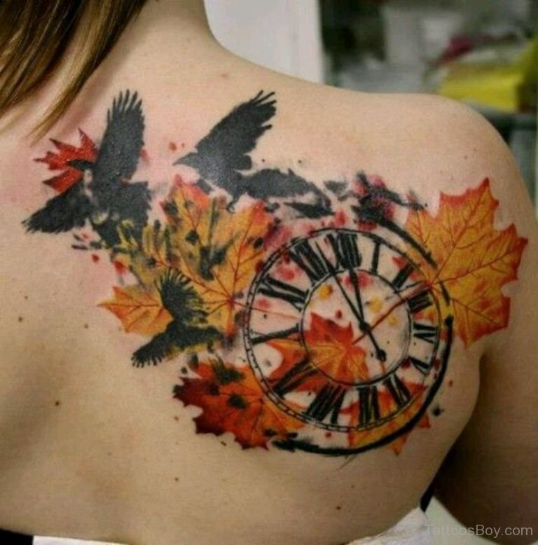 Impressive Autumn Leaves With Crows Fall Tattoo On Upper Back