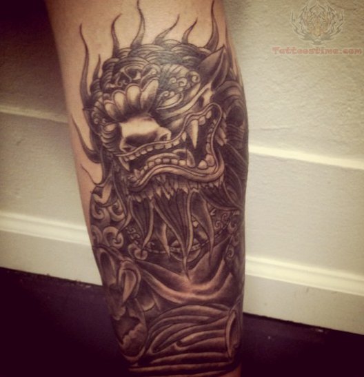 Impressive Grey Ink Angry Foo Dog Tattoo On Back Leg