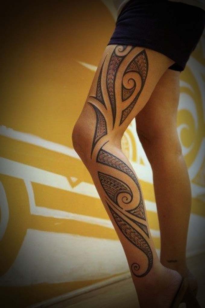 Impressive Polynesian Tribal Tattoo On Left Leg For Women