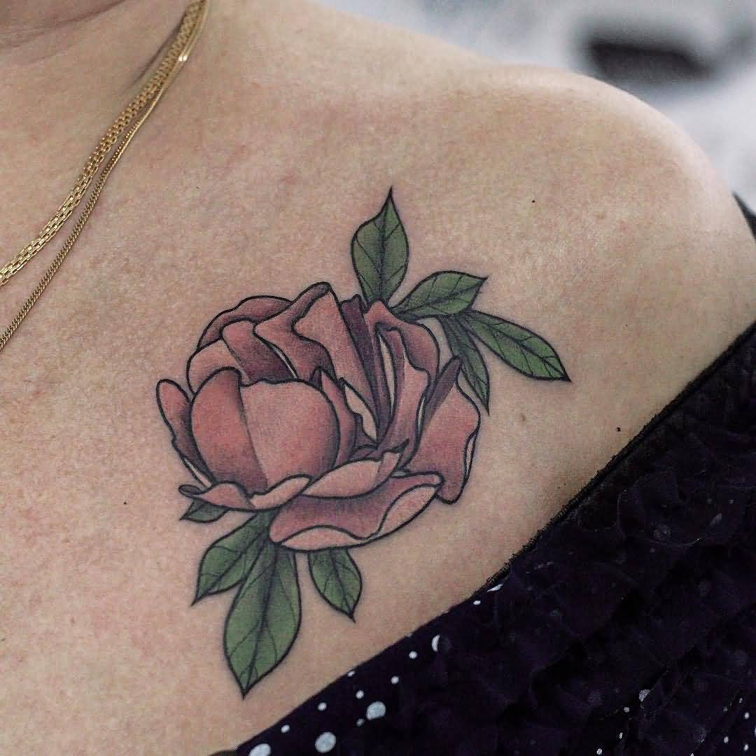 Japanese Peony Flower Clavicle Tattoo by Olga Nekrasova