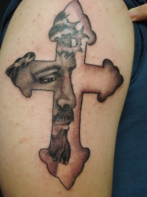 Jesus Face In Cross Catholic Tattoo On Half Sleeve