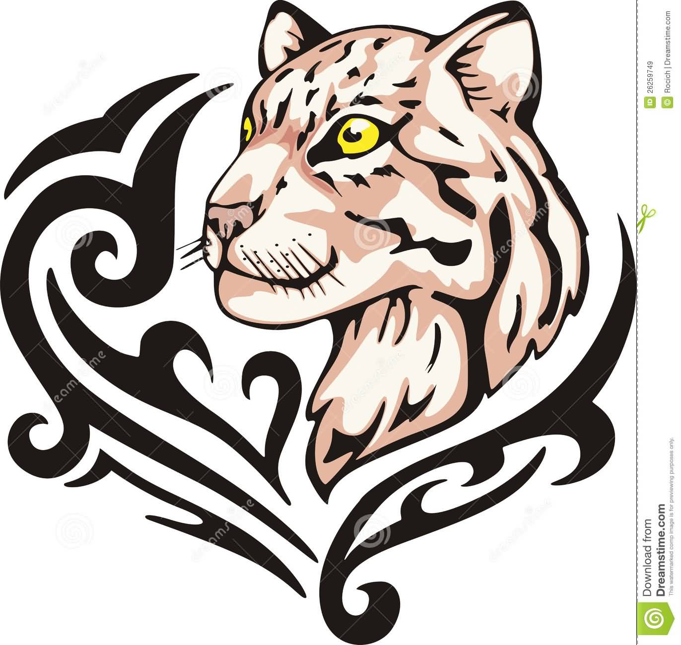 Leopard Having Yellow Eyes And Tribal Design Tattoo Sample