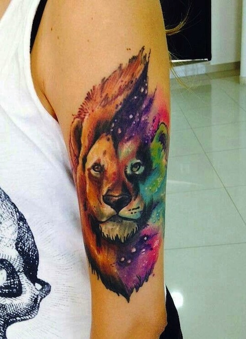 Lion Head Watercolor Universe Tattoo On Bicep