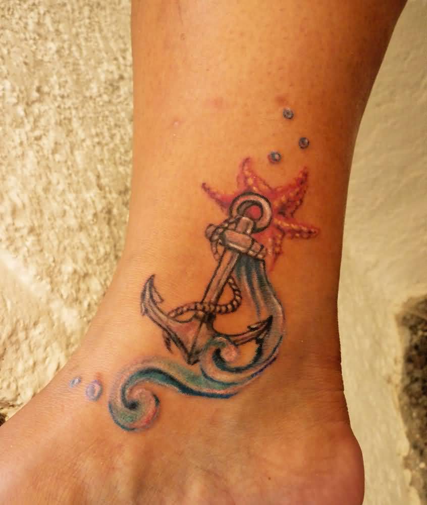 Lovely Anchor With Starfish And Water Bubble Tattoo On Ankle
