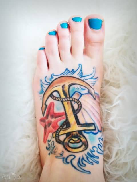 Lovely Anchor With Starfish And Water Tattoo On Foot