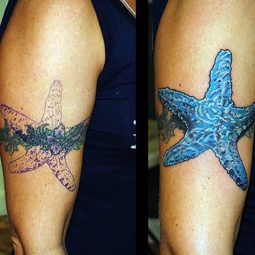 Lovely Blue Starfish Tattoo On Half Sleeve