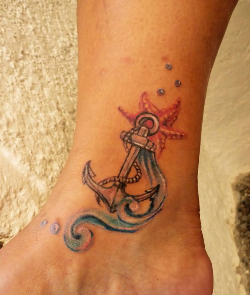 Lovely Starfish With Anchor And Water Tattoo On Ankle