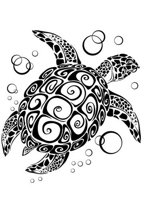 Magnificent Tribal Turtle With Water Bubbles Tattoo Stencil