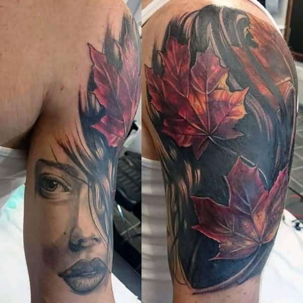 Maple Leaves Fall Tattoo On Half Sleeve For Men