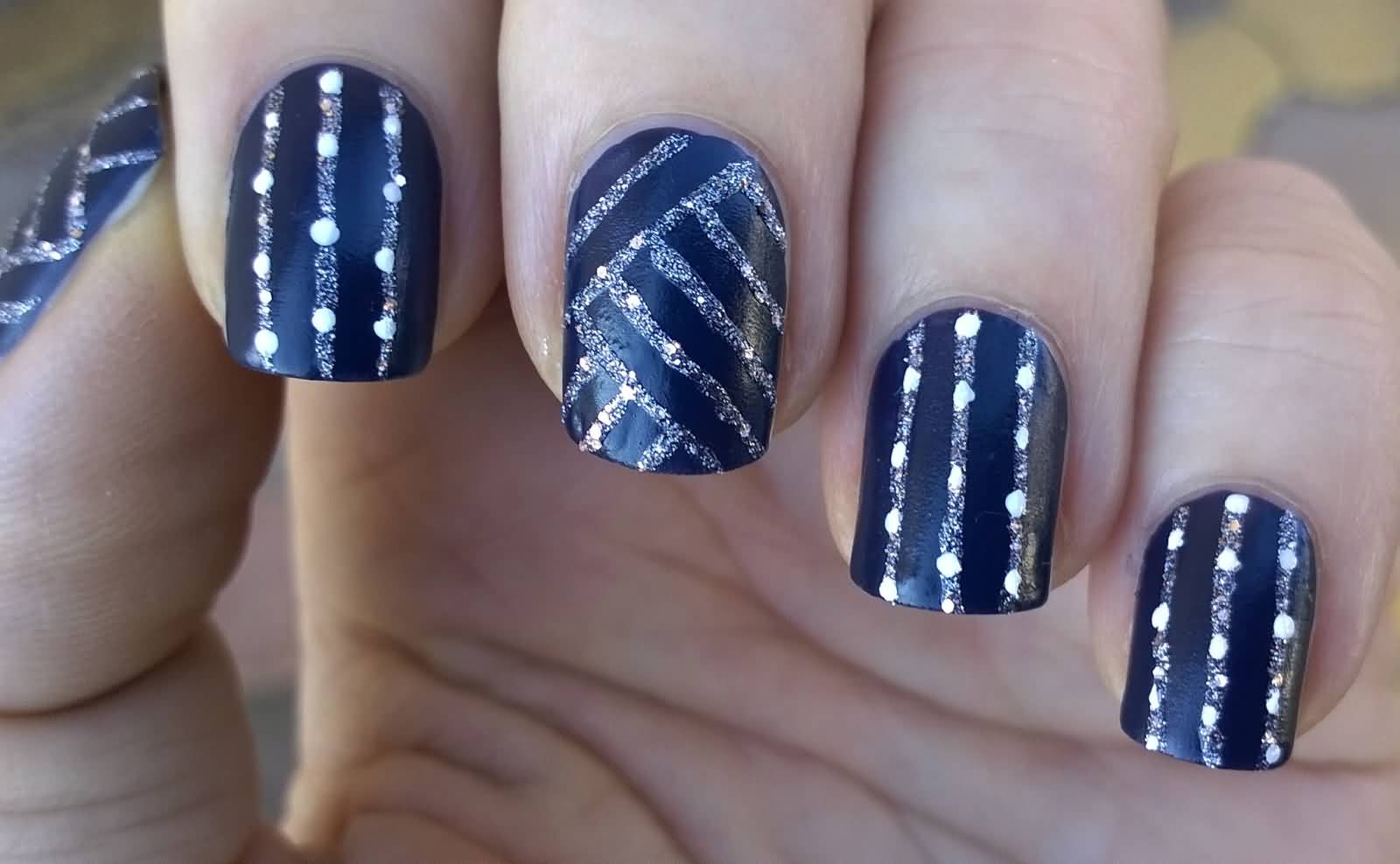 Matte Blue Nails With Silver Glitter Stripes Design Nail Art