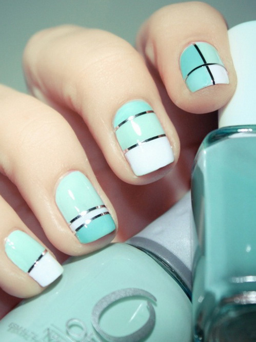 Mint And White Pastel Nail Art With Silver Stripes Design Idea